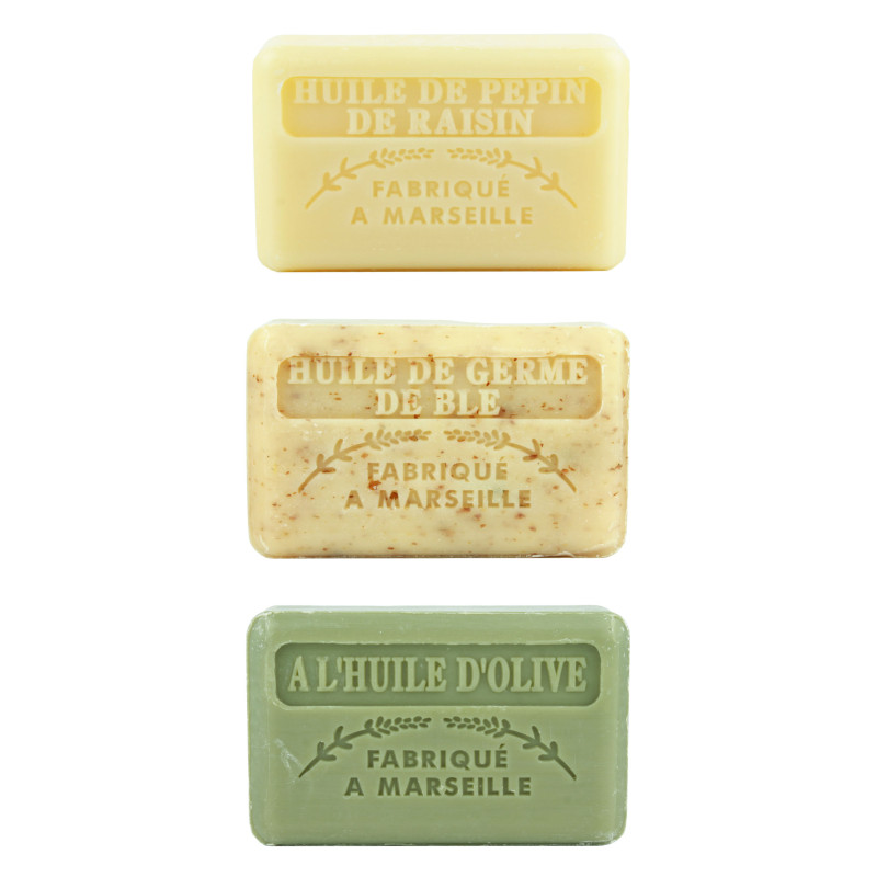 Zestaw mydeł marsylskich 3x125g Olej z pestek winogron Olej z kiełków pszenicy Oliwa z oliwek Zestaw mydeł marsylskich 3x125g Olej z pestek winogron Olej z kiełków pszenicy Oliwa z oliwek