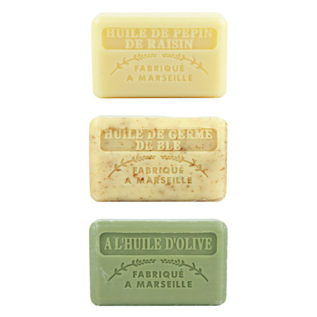Zestaw mydeł marsylskich 3x125g Olej z pestek winogron Olej z kiełków pszenicy Oliwa z oliwek