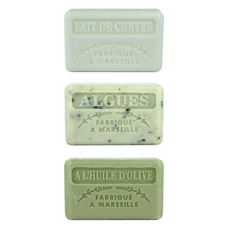 Zestaw mydeł marsylskich 3x125g Kozie Mleko Algi Morskie Oliwa z Oliwek Zestaw mydeł marsylskich 3x125g Kozie Mleko Algi Morskie Oliwa z Oliwek