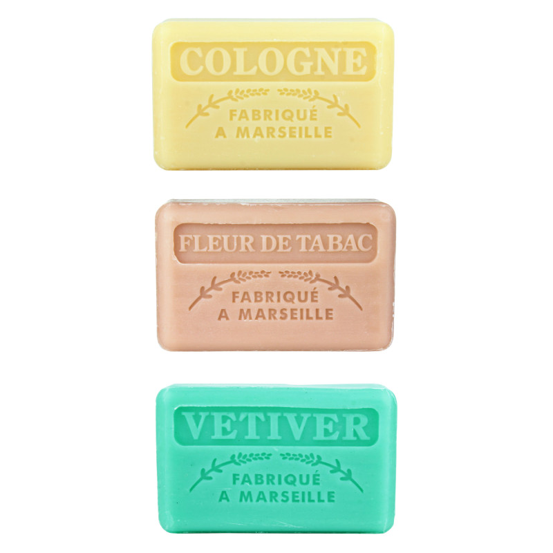 Zestaw mydeł marsylskich 3x125g Kolońskie Kwiat Tytoniu Wetiwer Zestaw mydeł marsylskich 3x125g Kolońskie Kwiat Tytoniu Wetiwer