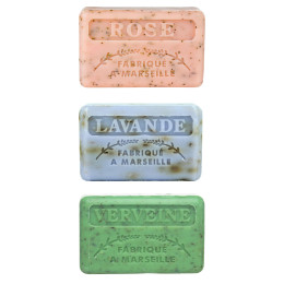 Zestaw mydeł marsylskich 3x125g Płatki Róży Kwiat Lawendy Werbena z Peelingiem