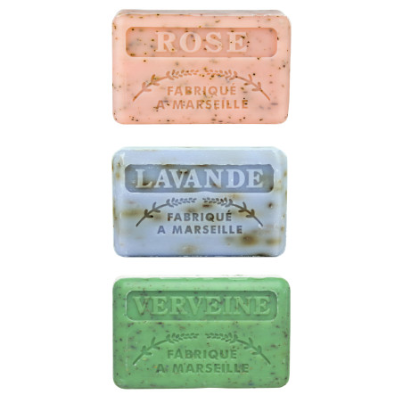 Zestaw mydeł marsylskich 3x125g Płatki Róży Kwiat Lawendy Werbena z Peelingiem