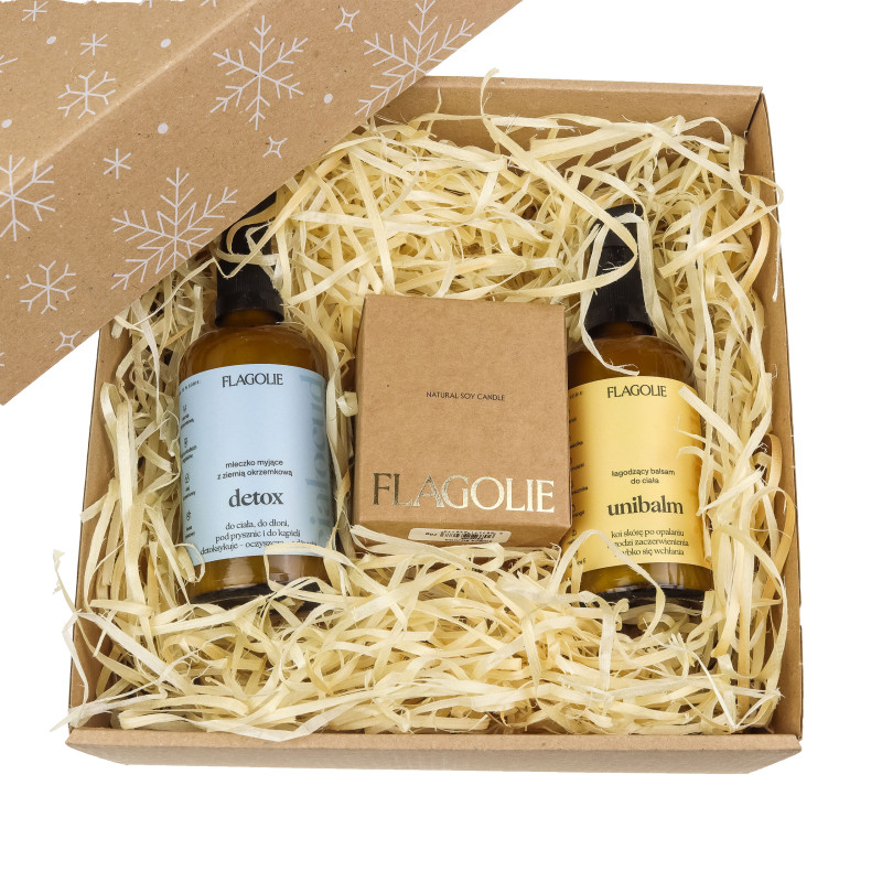 Zestaw kosmetyków Flagolie - Mleczko myjące i balsam do ciała, świeca zapachowa